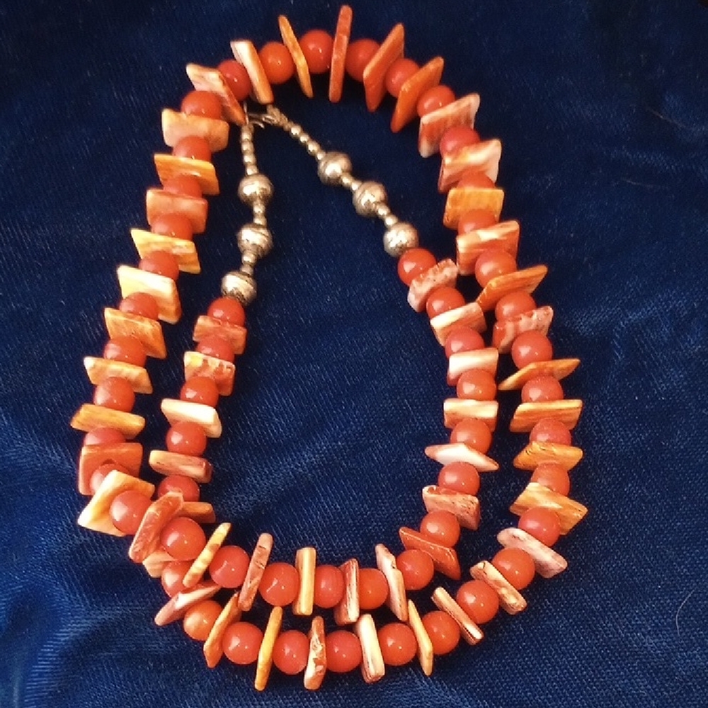 Native American Sterling Silver Orange Coral & Spiny Oyster Shell Necklace 20" - Picture 1 of 13